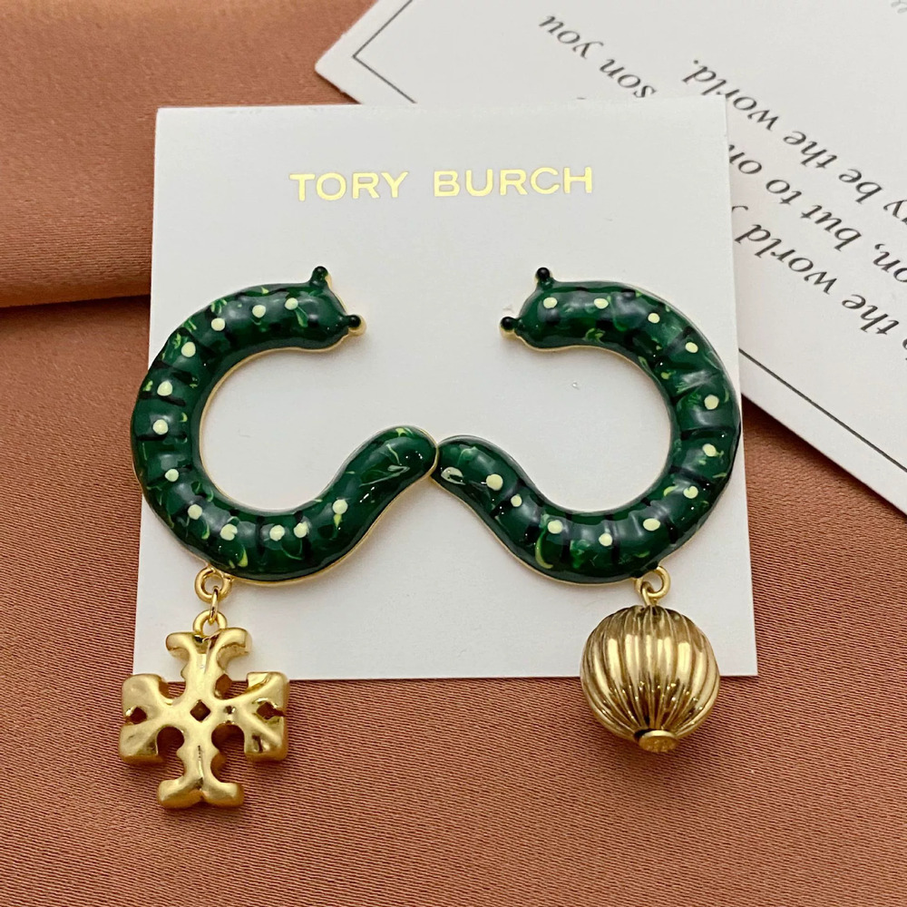 Tory Burch Enamel Caterpillar Letter Pumpkin Bead Asymmetric Drop Earrings Metal